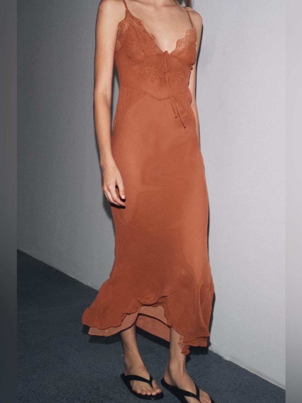 Zara Lace Trim Satin Midi Slip Dress Open Back Rust Boho NWT M - Picture 7 of 10